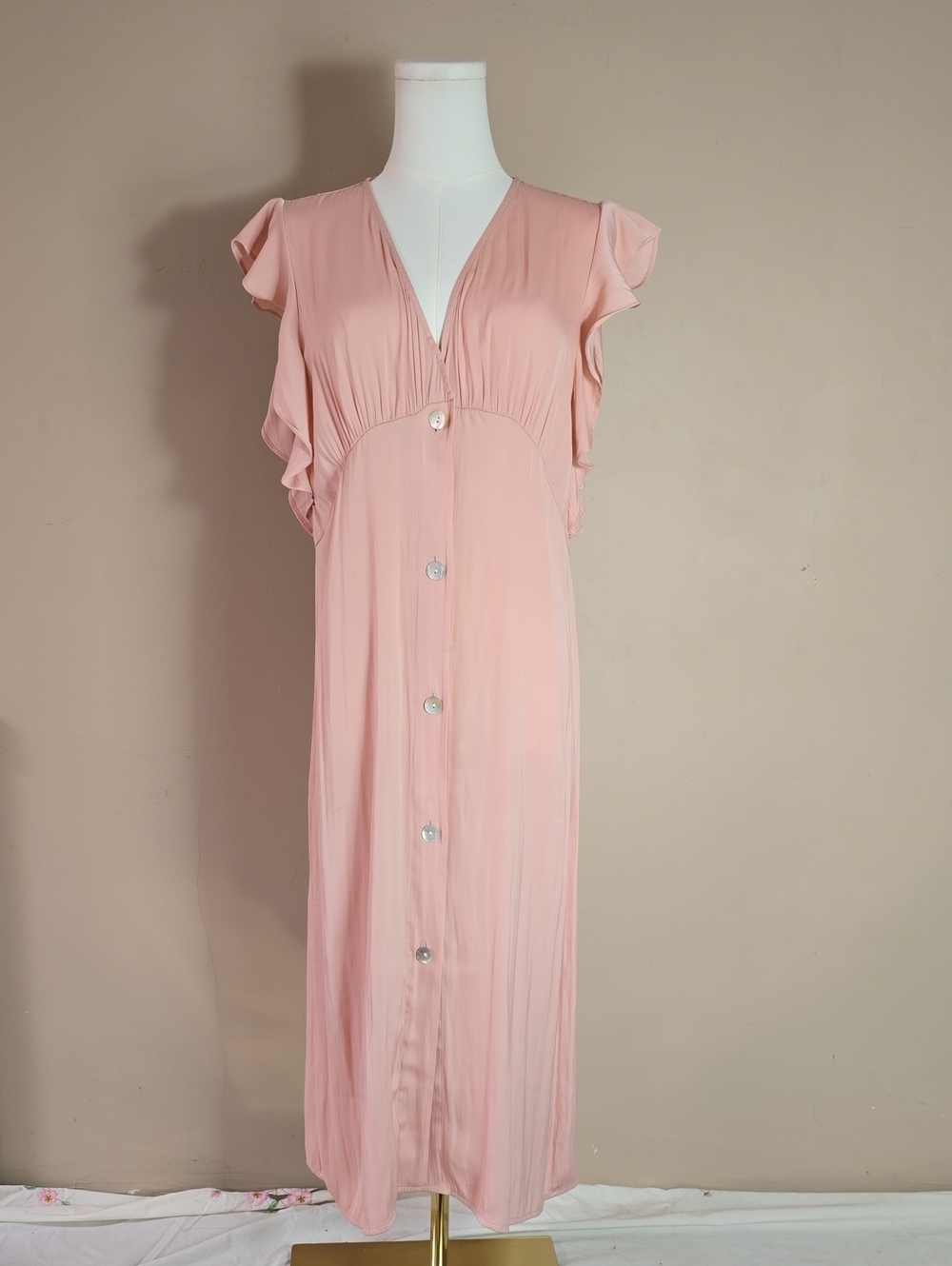 a new day Blush Pink Mother Of Pearl Button Maxi Dress with Flutter Sleeves